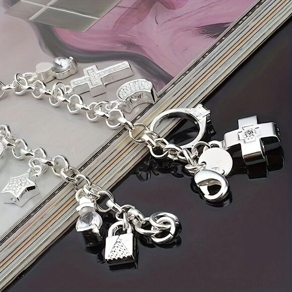 Silver Multi Charm Link Bracelet Adjustable Pendant Heart Ring Cross Star Key - Picture 5 of 6